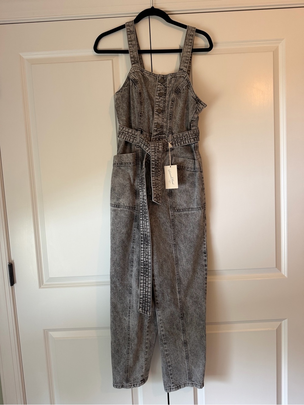 Gray Acid-Wash Denim Overalls with Self-Tie Belt
